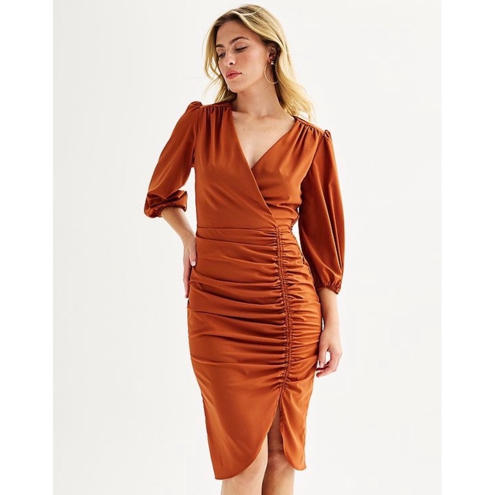 Maison Tara Women's‎ 12 Midi Dress Sienna Orange Ruched V-Neck Puff Sleeve NEW